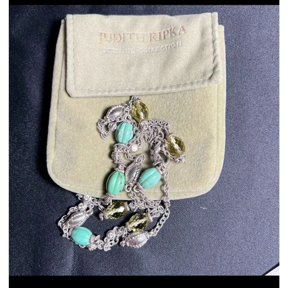 Judith Ripka Sterling Silver Green Turquoise & Lemon Quartz Station Necklace 36